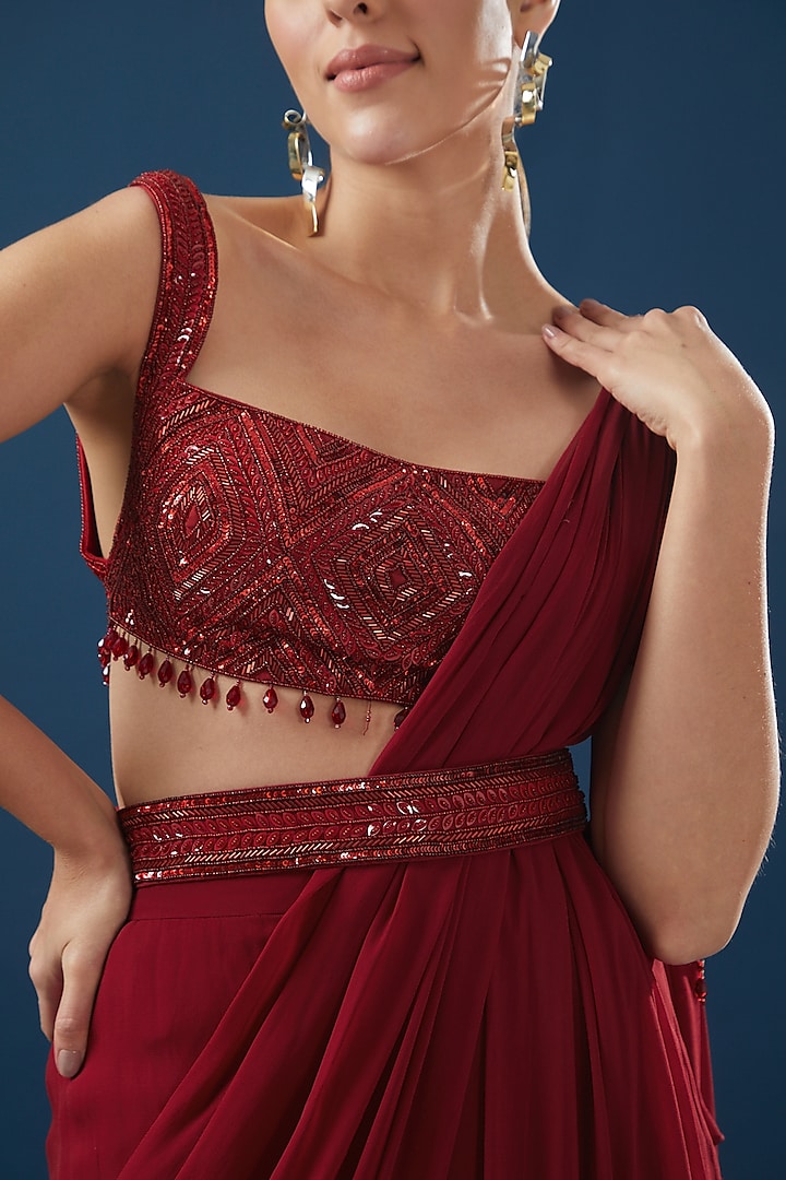 Crimson Red Cotton Silk & Georgette Layered Ruffled Wedding Saree Set by DiyaRajvvir at Pernia's Pop Up Shop