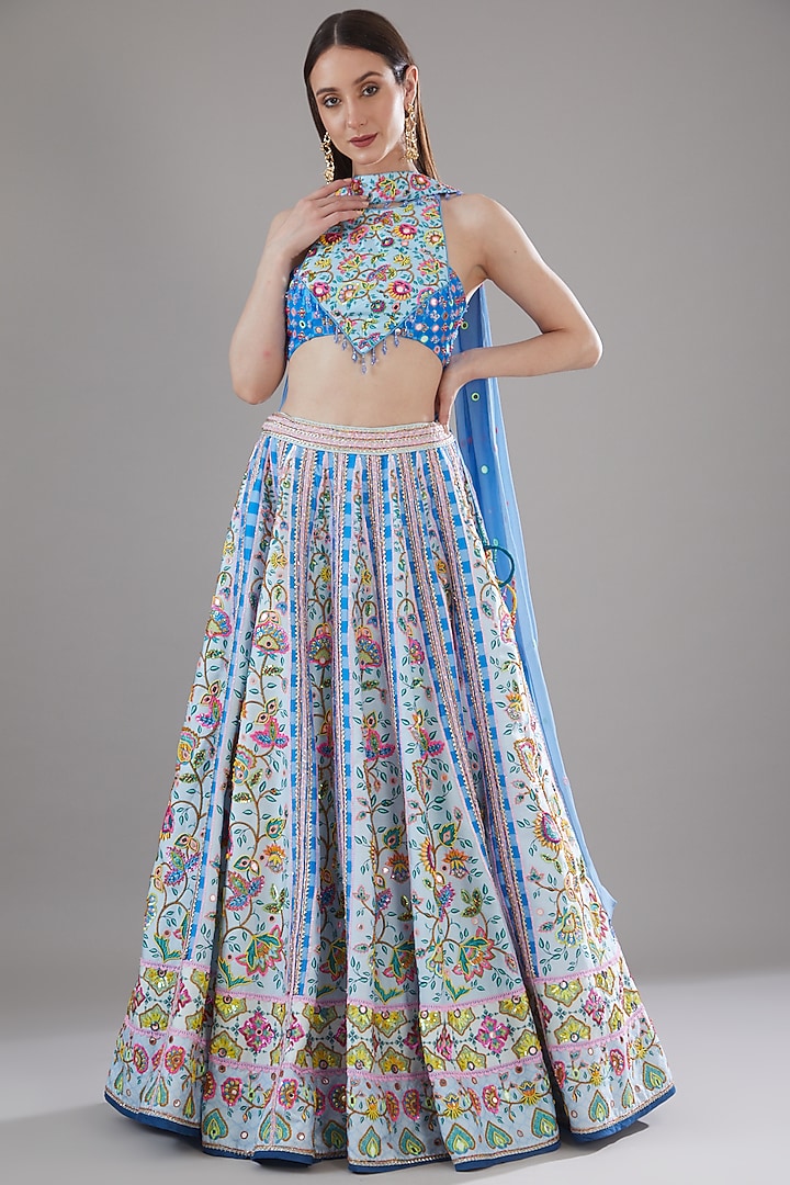 Powder Blue Raw Silk Printed Wedding Lehenga Set by DiyaRajvvir at Pernia's Pop Up Shop