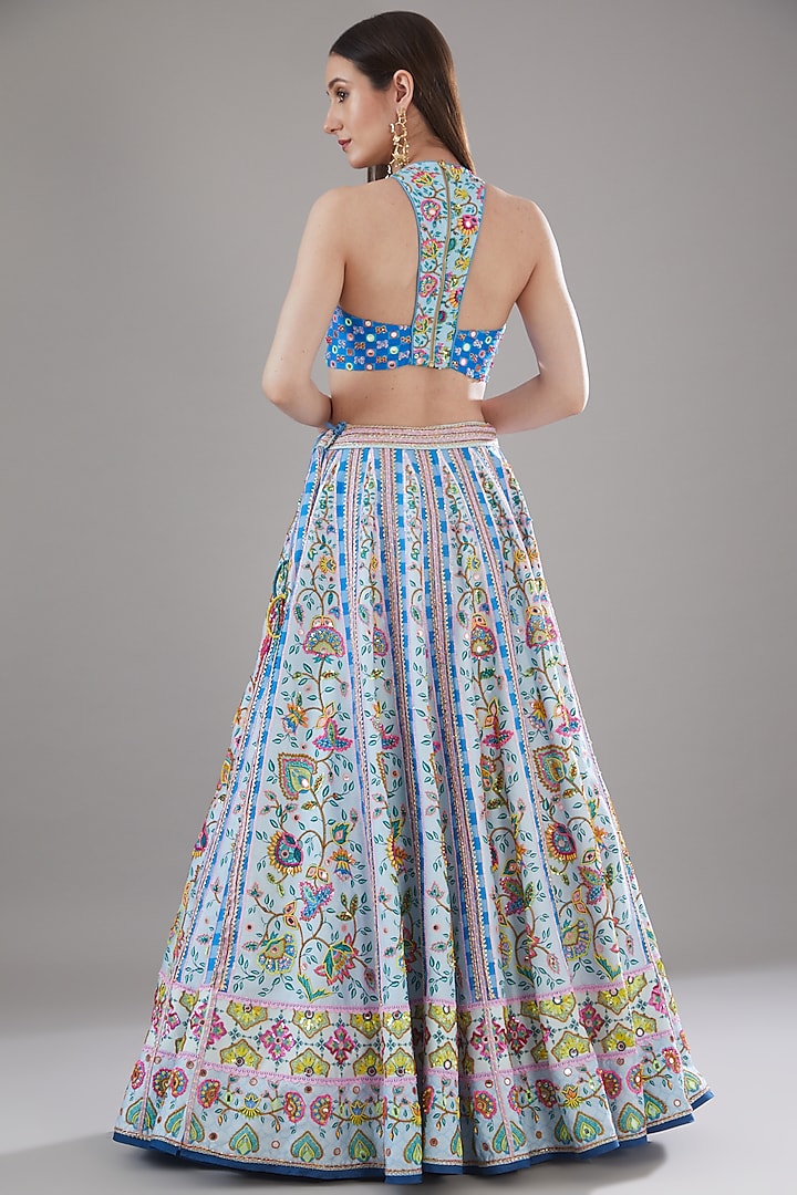 Powder Blue Raw Silk Printed Wedding Lehenga Set by DiyaRajvvir at Pernia's Pop Up Shop