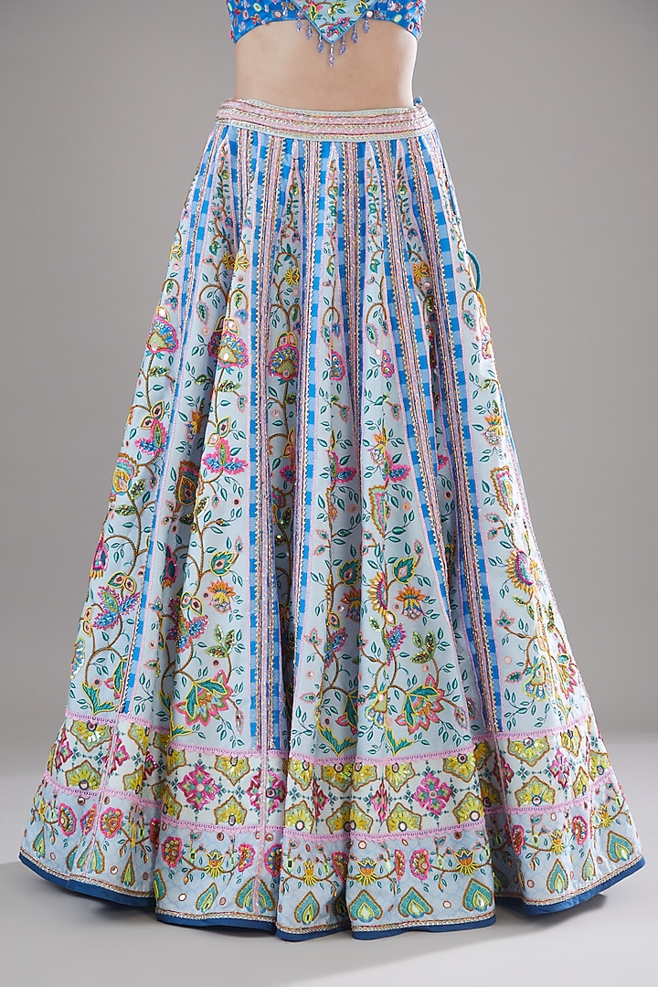 Powder Blue Raw Silk Printed Wedding Lehenga Set by DiyaRajvvir at Pernia's Pop Up Shop