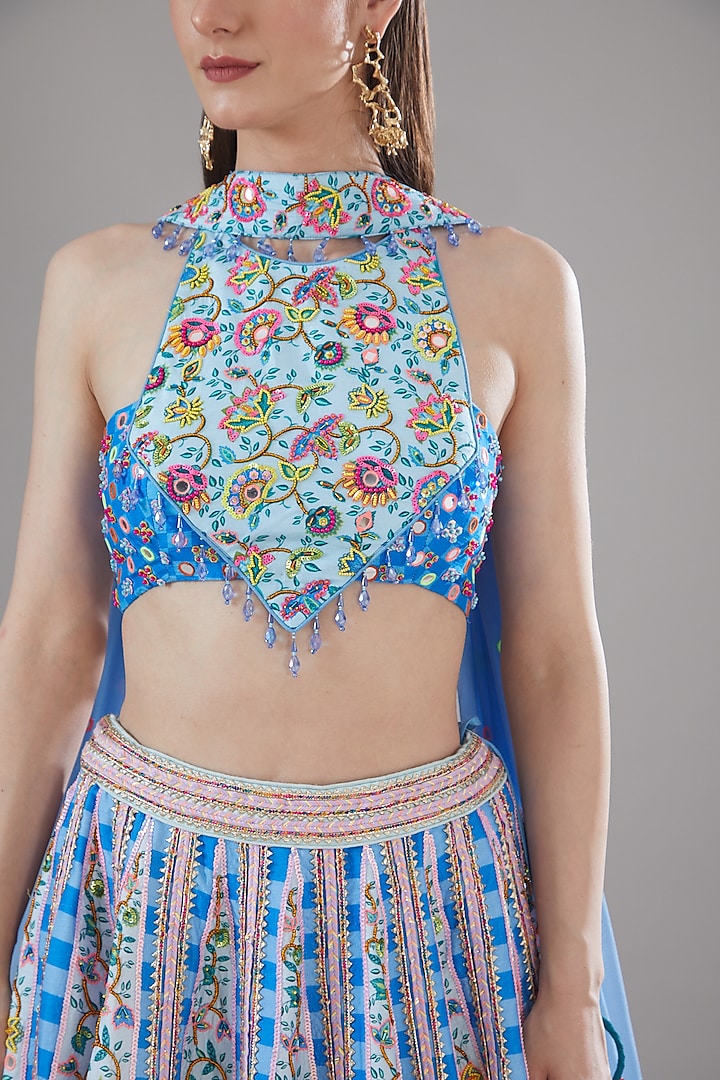 Powder Blue Raw Silk Printed Wedding Lehenga Set by DiyaRajvvir at Pernia's Pop Up Shop