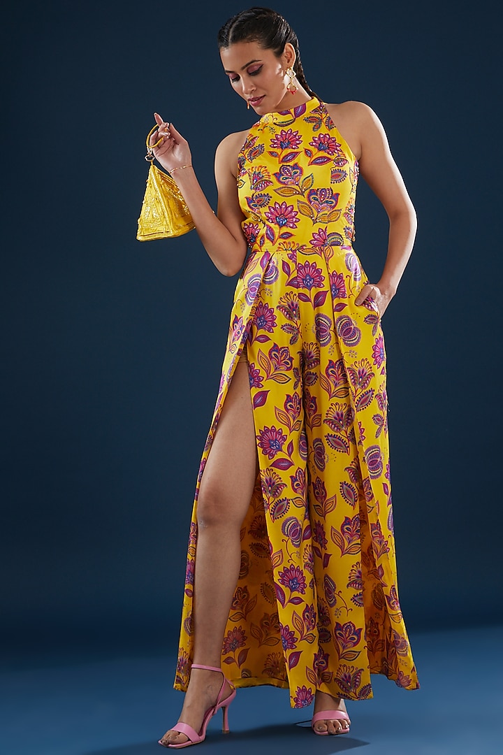 Yellow Modal Printed & Embroidered Jumpsuit With Triangle Bag by DiyaRajvvir
