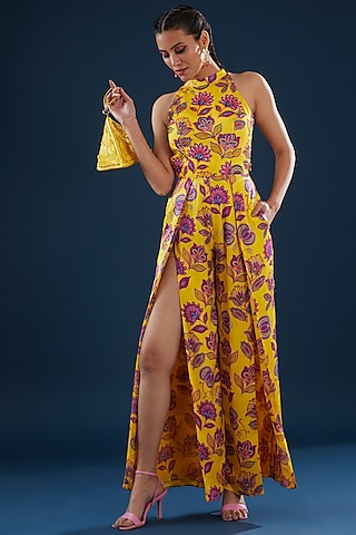 Yellow Modal Printed & Embroidered Jumpsuit With Triangle Bag by DiyaRajvvir