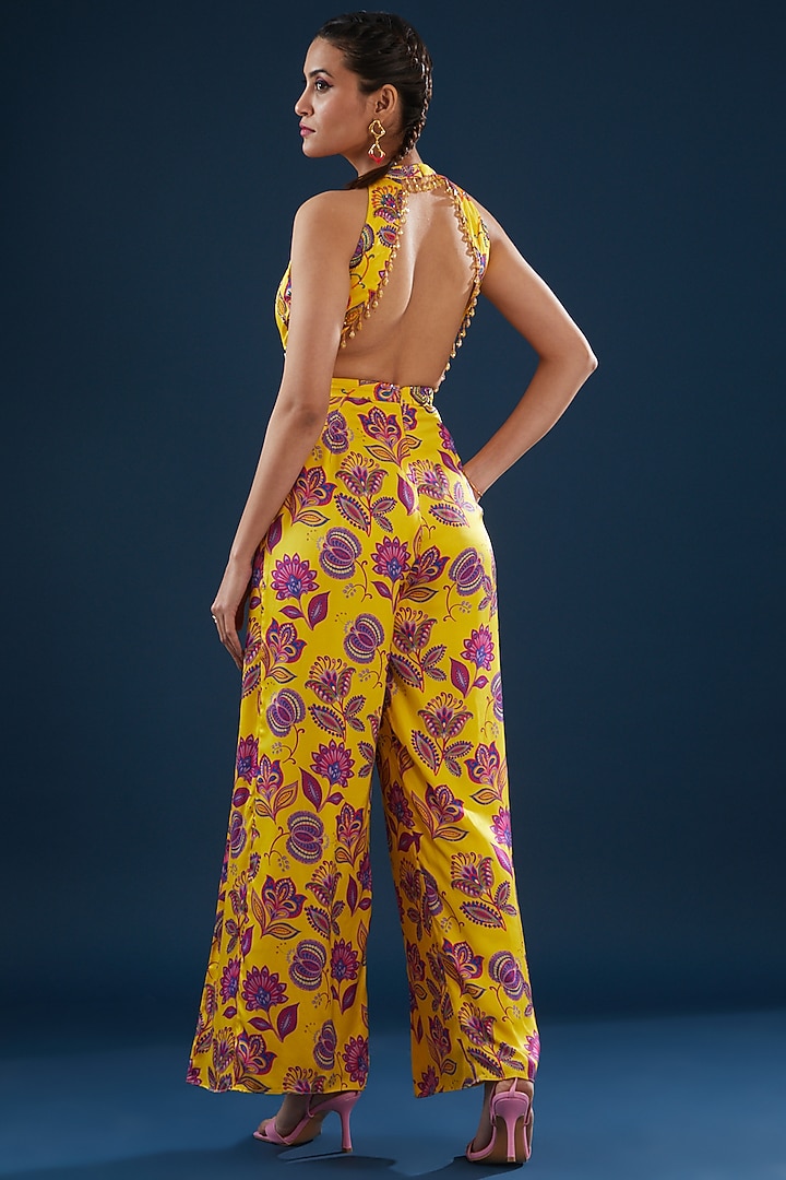 Yellow Modal Printed & Embroidered Jumpsuit With Triangle Bag by DiyaRajvvir at Pernia's Pop Up Shop