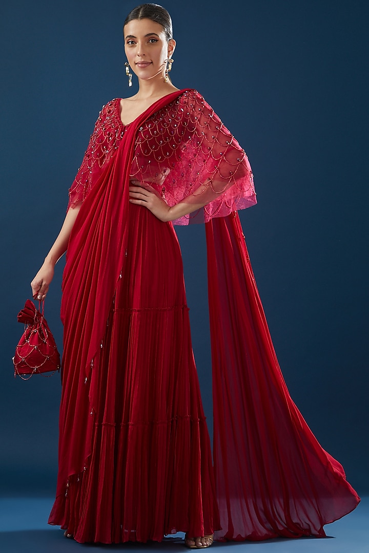 Red Tulle & Georgette Tiered Skirt Saree Set by DiyaRajvvir