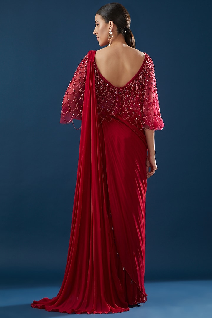 Red Tulle & Georgette Tiered Skirt Wedding Saree Set by DiyaRajvvir at Pernia's Pop Up Shop