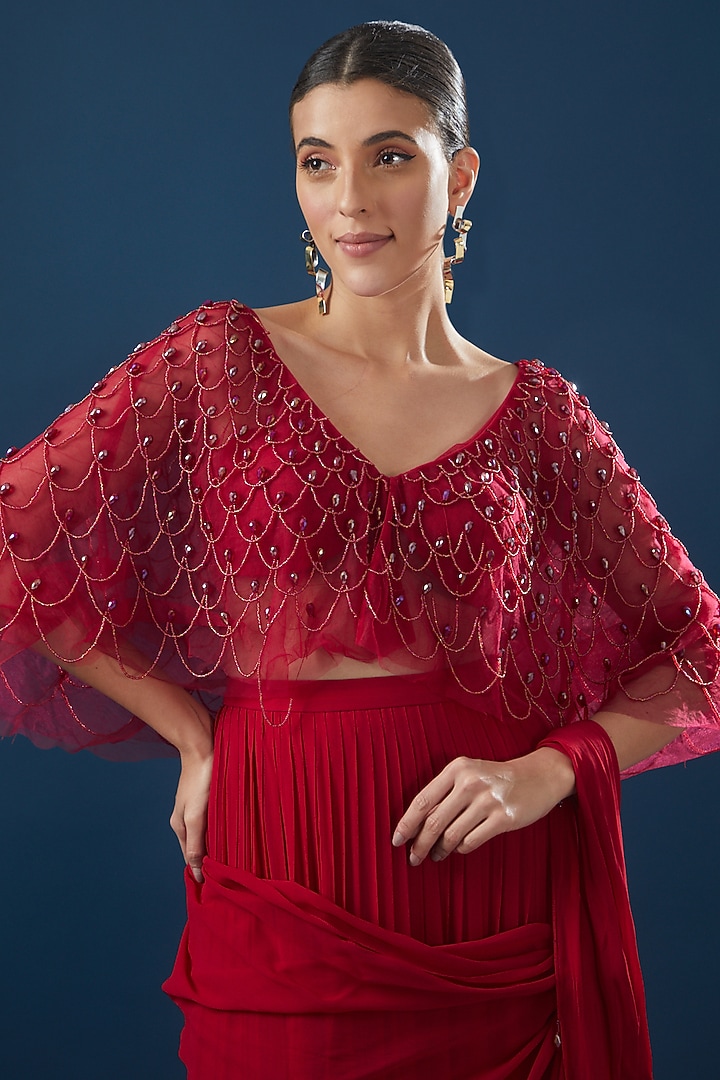 Red Tulle & Georgette Tiered Skirt Wedding Saree Set by DiyaRajvvir at Pernia's Pop Up Shop