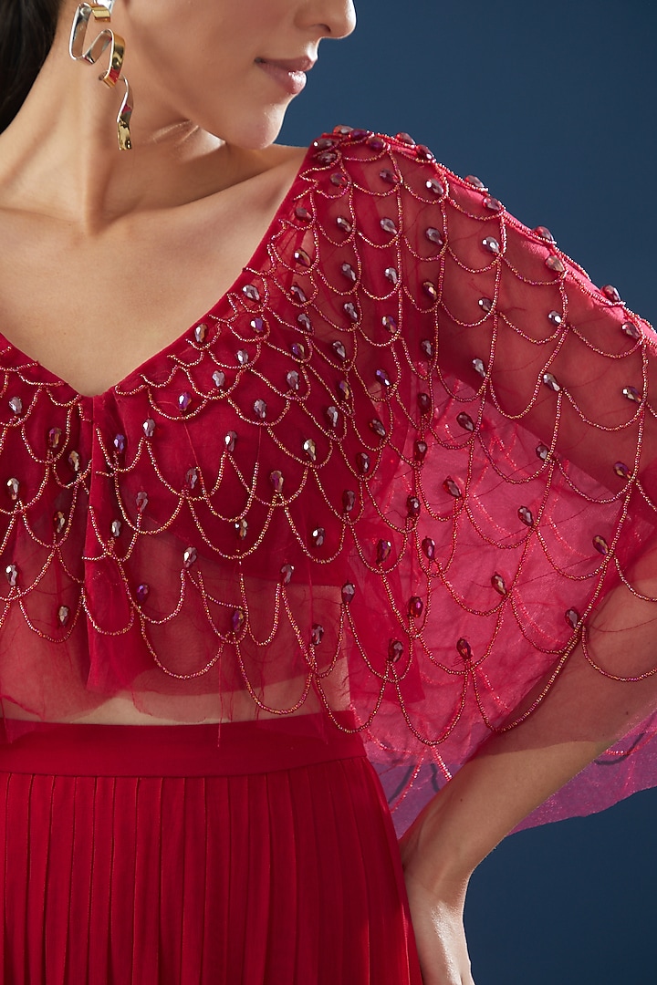 Red Tulle & Georgette Tiered Skirt Wedding Saree Set by DiyaRajvvir at Pernia's Pop Up Shop