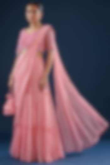 Blush Pink Tulle & Georgette Tiered Skirt Saree Set by DiyaRajvvir
