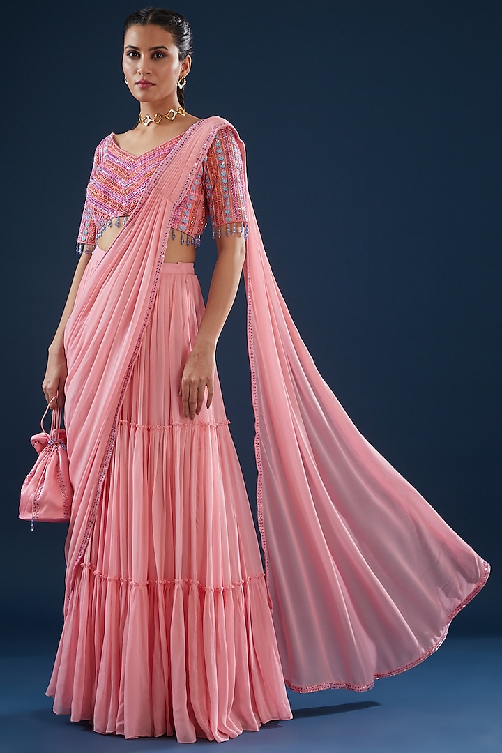 Blush Pink Tulle & Georgette Tiered Skirt Saree Set by DiyaRajvvir