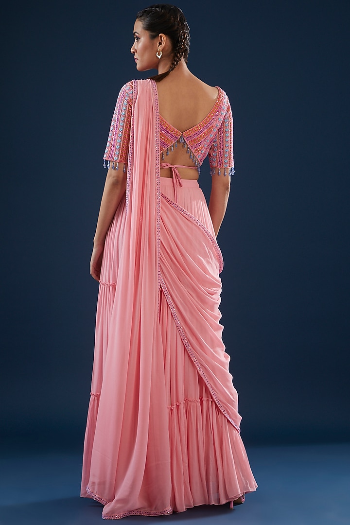Blush Pink Tulle & Georgette Tiered Skirt Wedding Saree Set by DiyaRajvvir at Pernia's Pop Up Shop