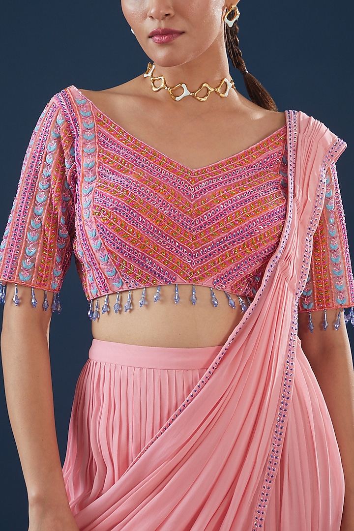 Blush Pink Tulle & Georgette Tiered Skirt Wedding Saree Set by DiyaRajvvir at Pernia's Pop Up Shop
