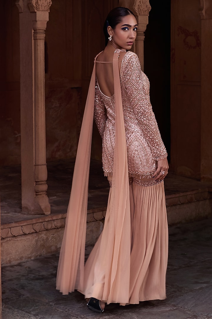 Champagne Gold Tulle & Crepe Embroidered Gharara Set by DiyaRajvvir at Pernia's Pop Up Shop