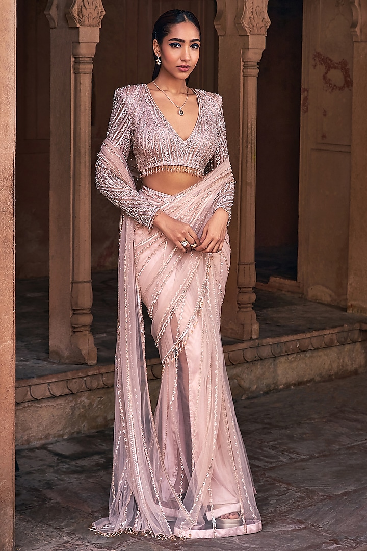 Rose Gold Tulle Embroidered Pre-Stitched Saree Set by DiyaRajvvir at Pernia's Pop Up Shop