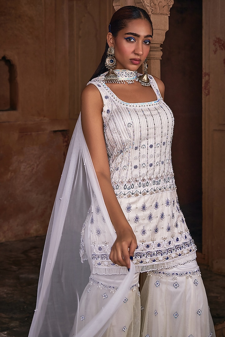 Ecru White Tulle Embroidered Gharara Set by DiyaRajvvir at Pernia's Pop Up Shop