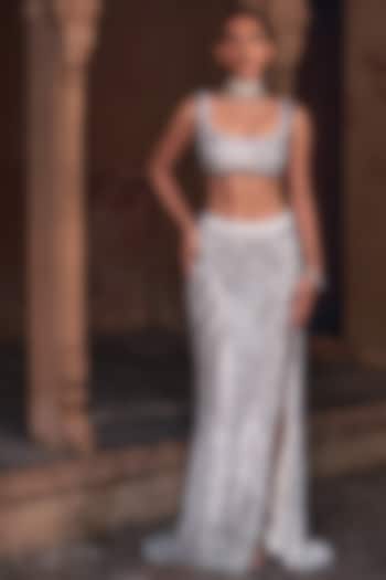 Ivory Tulle Embroidered Skirt Set by DiyaRajvvir at Pernia's Pop Up Shop