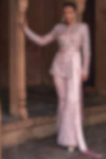 Blush Pink Tulle Embroidered Jacket Set by DiyaRajvvir at Pernia's Pop Up Shop