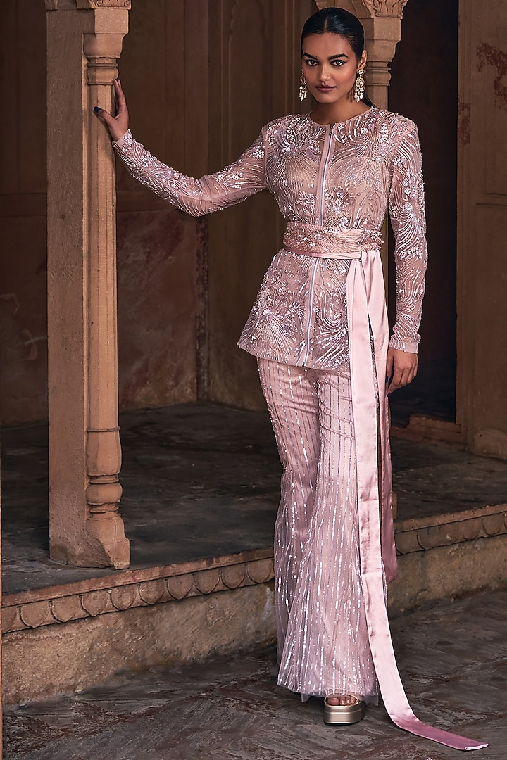 Blush Pink Tulle Embroidered Jacket Set by DiyaRajvvir at Pernia's Pop Up Shop