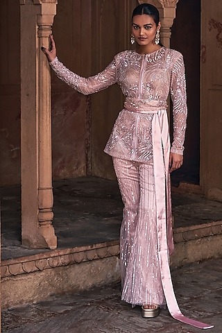 Blush Pink Tulle Embroidered Jacket Set by DiyaRajvvir