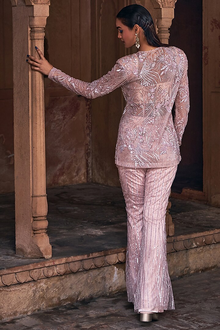 Blush Pink Tulle Embroidered Jacket Set by DiyaRajvvir at Pernia's Pop Up Shop