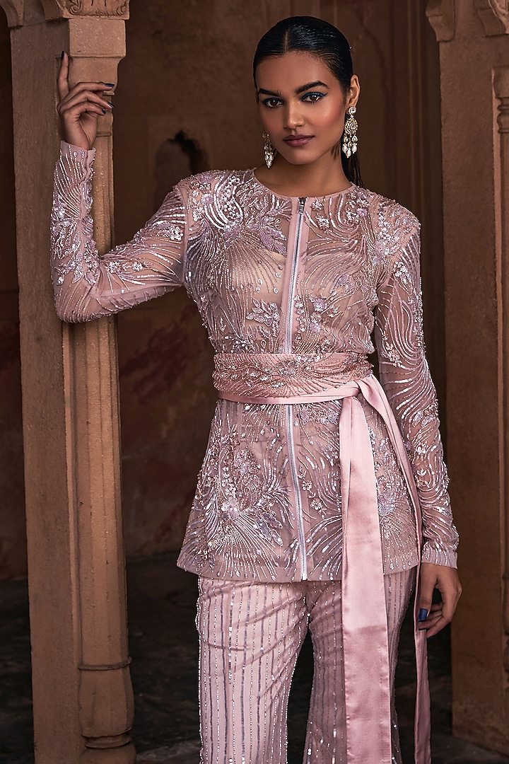 Blush Pink Tulle Embroidered Jacket Set by DiyaRajvvir at Pernia's Pop Up Shop