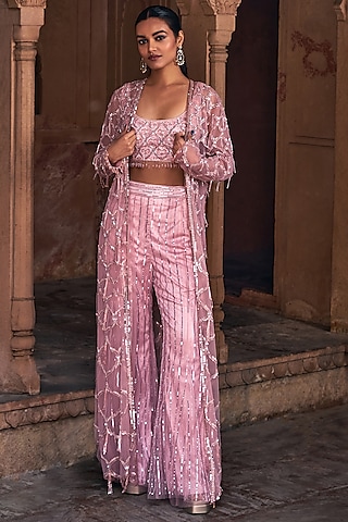 Onion Pink Tulle Embroidered Long Jacket Set by DiyaRajvvir
