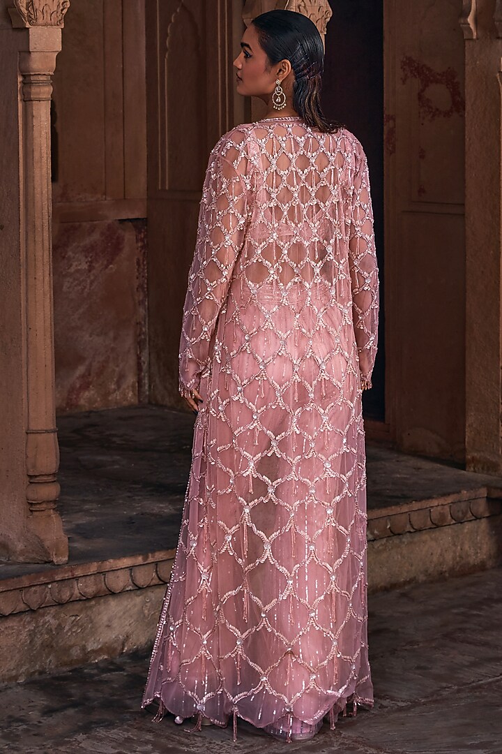 Onion Pink Tulle Embroidered Long Jacket Set by DiyaRajvvir at Pernia's Pop Up Shop