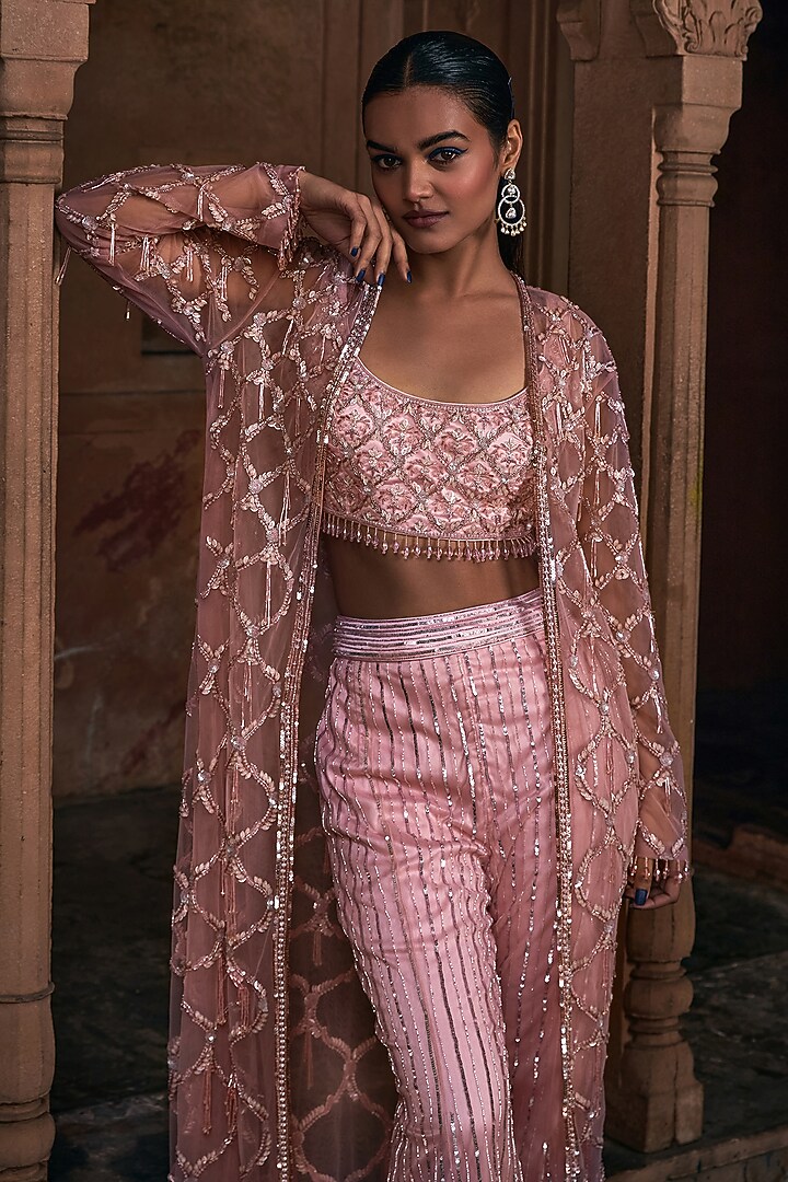 Onion Pink Tulle Embroidered Long Jacket Set by DiyaRajvvir at Pernia's Pop Up Shop