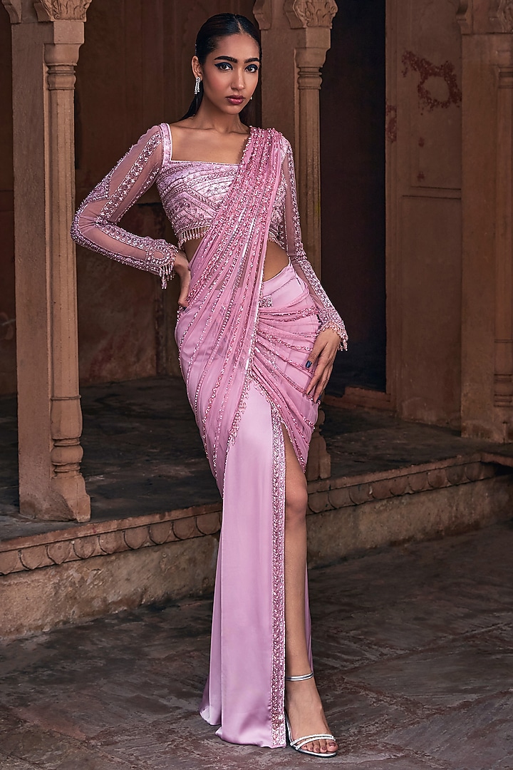 Onion Pink Tulle & Armani Satin Tassel Embroidered Draped Skirt Reception Saree Set by DiyaRajvvir at Pernia's Pop Up Shop