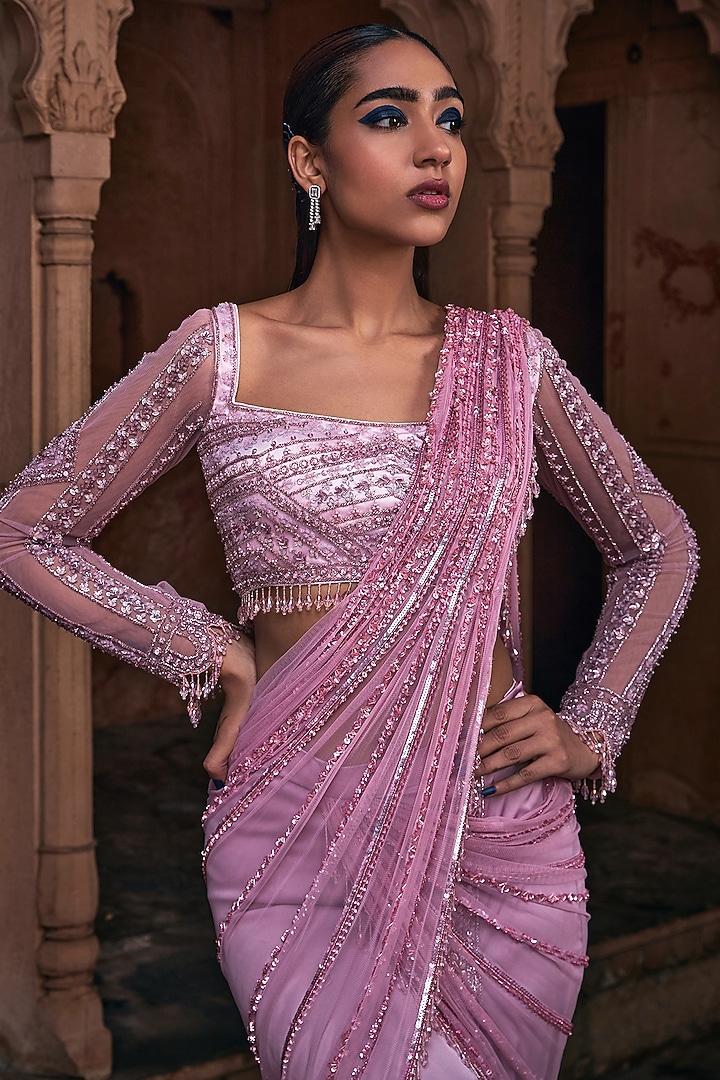 Onion Pink Tulle & Armani Satin Tassel Embroidered Draped Skirt Reception Saree Set by DiyaRajvvir at Pernia's Pop Up Shop
