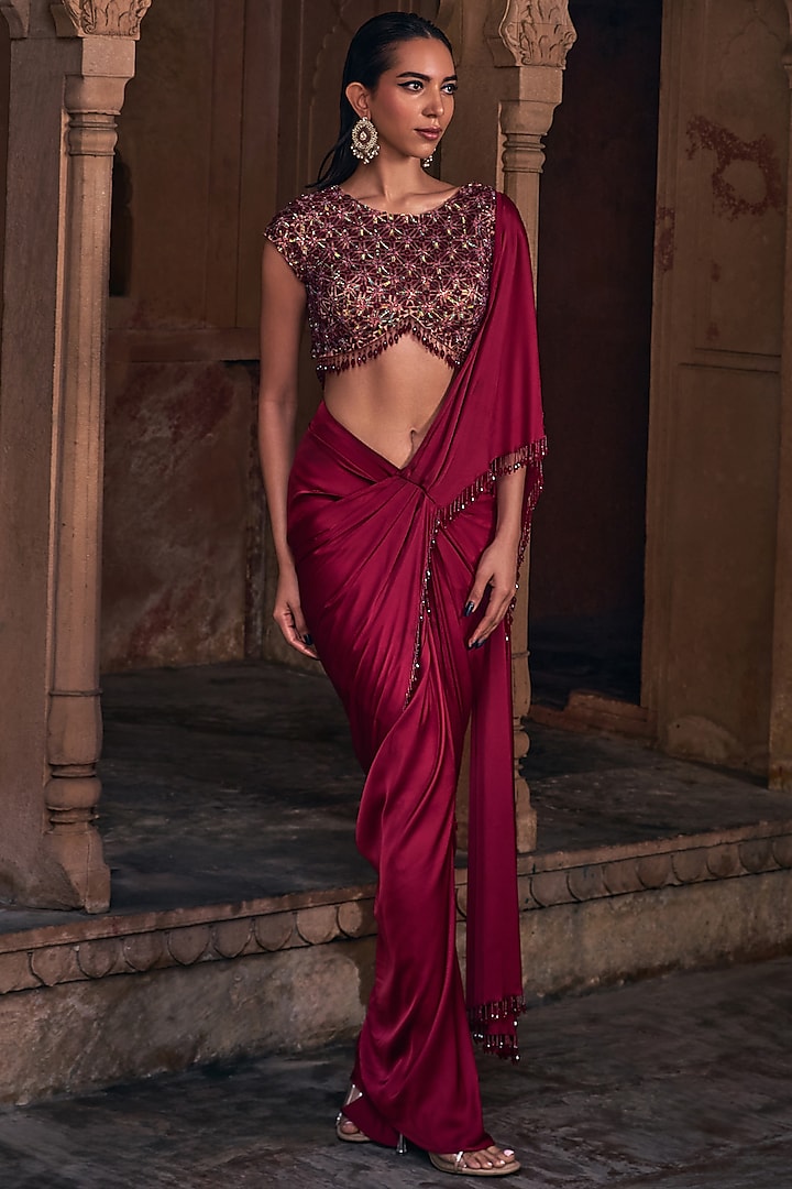 Maroon Tulle & Armani Satin Tassel Embroidered Draped Skirt Saree Set by DiyaRajvvir