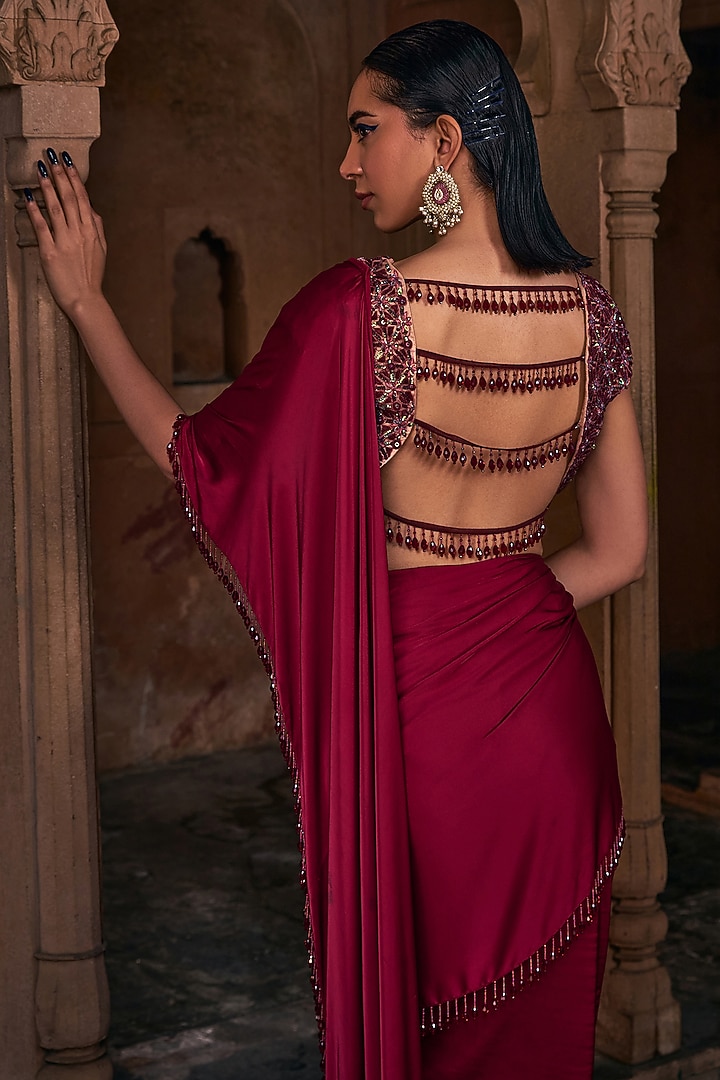 Maroon Tulle & Armani Satin Tassel Embroidered Draped Skirt Wedding Saree Set by DiyaRajvvir at Pernia's Pop Up Shop