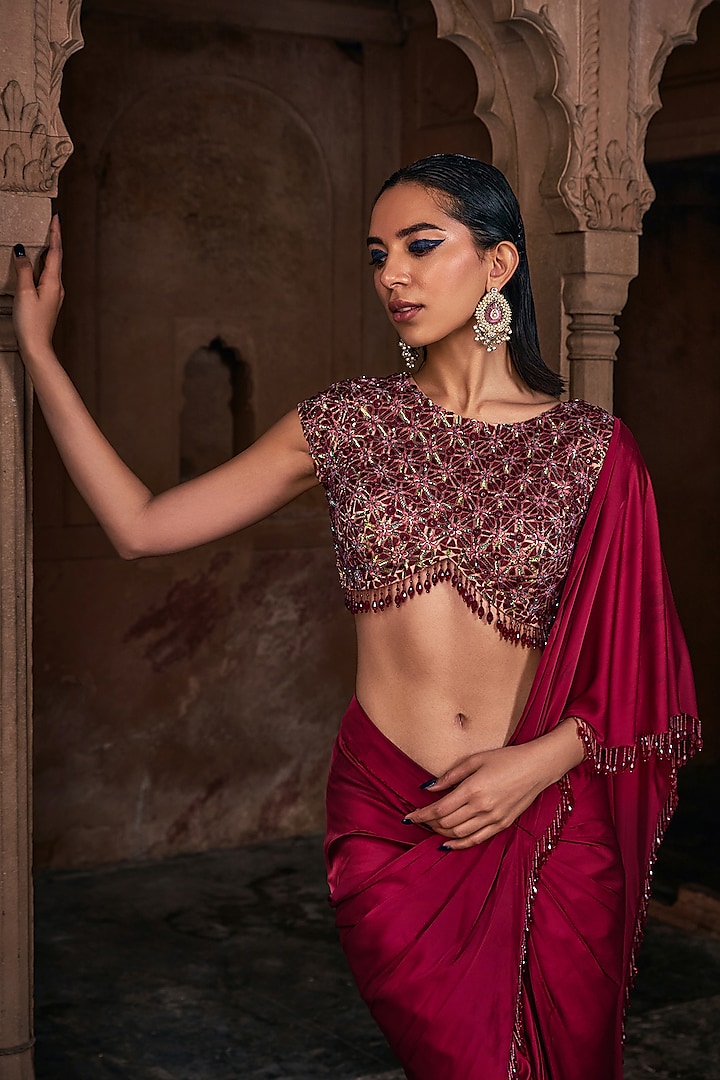 Maroon Tulle & Armani Satin Tassel Embroidered Draped Skirt Wedding Saree Set by DiyaRajvvir at Pernia's Pop Up Shop