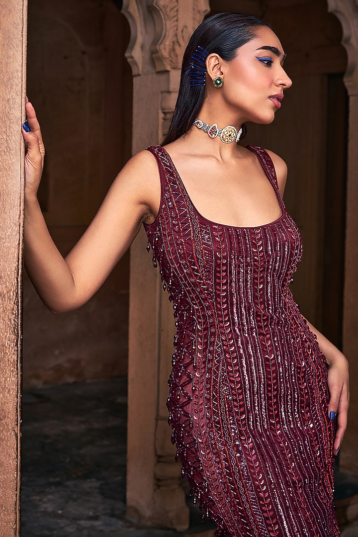 Maroon Red Tulle Tassel Embroidered Sheath Party Wear Dress by DiyaRajvvir at Pernia's Pop Up Shop