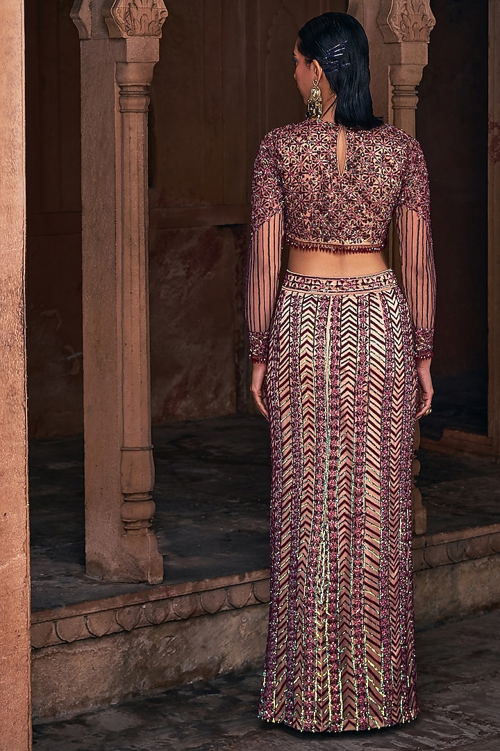 Maroon Tulle Embroidered Skirt Set by DiyaRajvvir at Pernia's Pop Up Shop