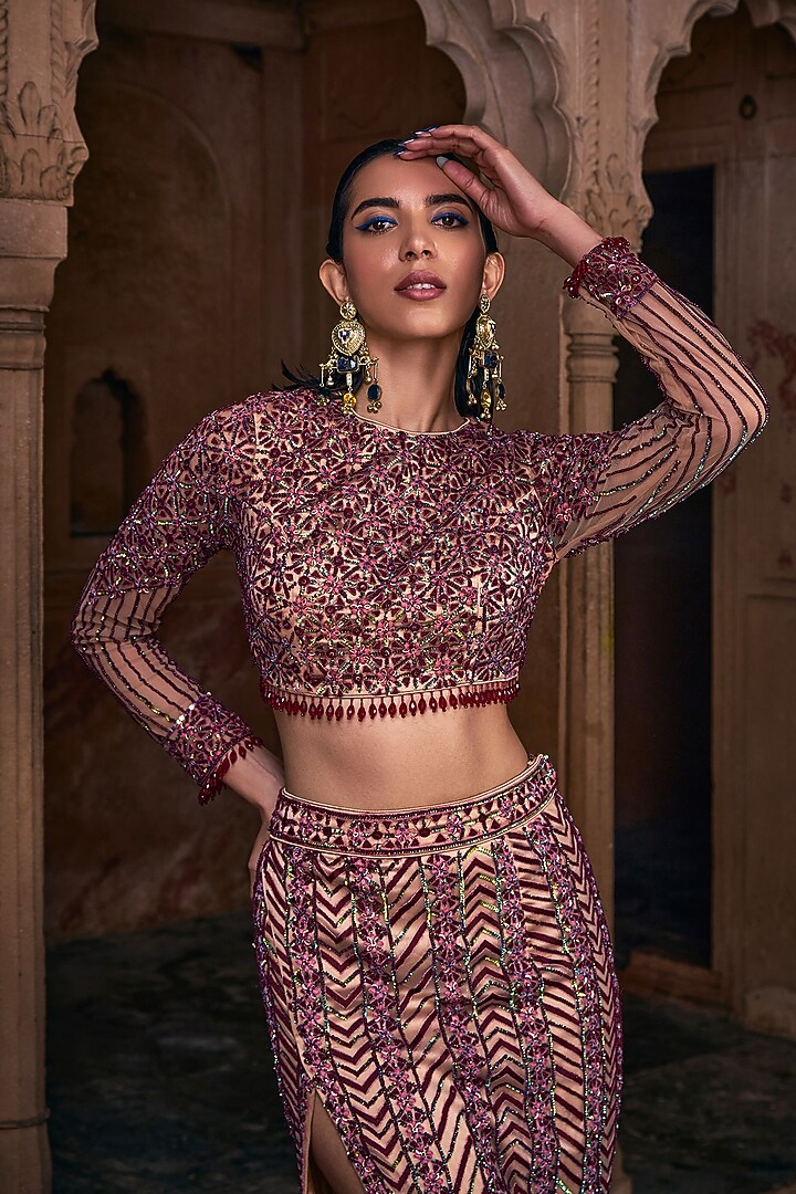 Maroon Tulle Embroidered Skirt Set by DiyaRajvvir at Pernia's Pop Up Shop