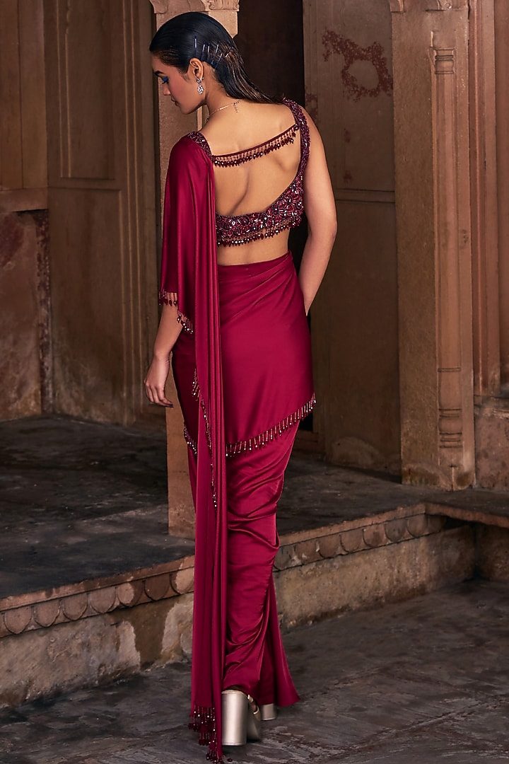 Maroon Tulle & Armani Satin Tassel Embroidered Draped Skirt Wedding Saree Set by DiyaRajvvir at Pernia's Pop Up Shop