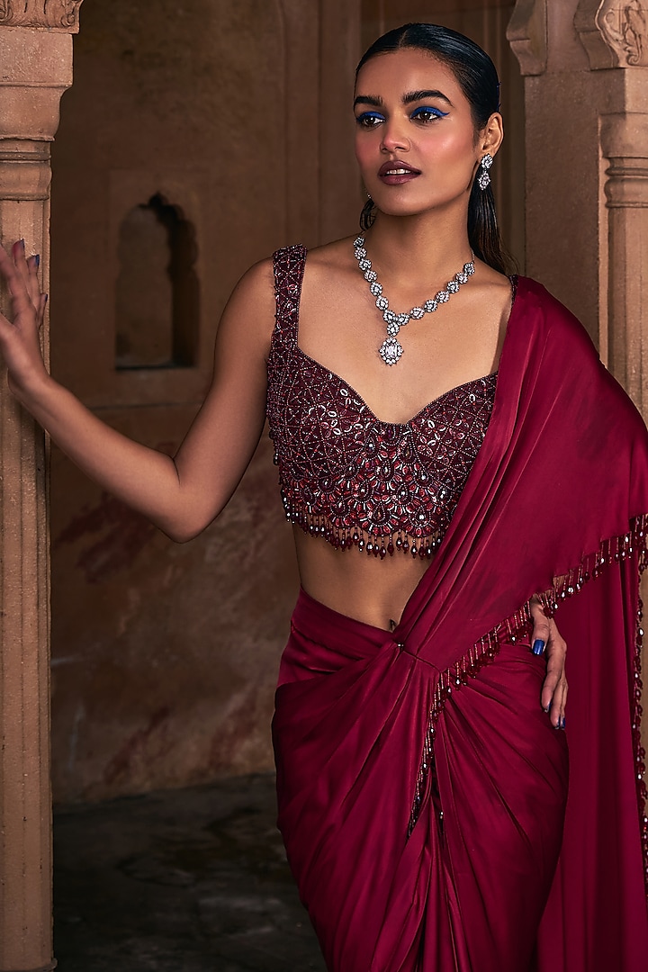 Maroon Tulle & Armani Satin Tassel Embroidered Draped Skirt Wedding Saree Set by DiyaRajvvir at Pernia's Pop Up Shop