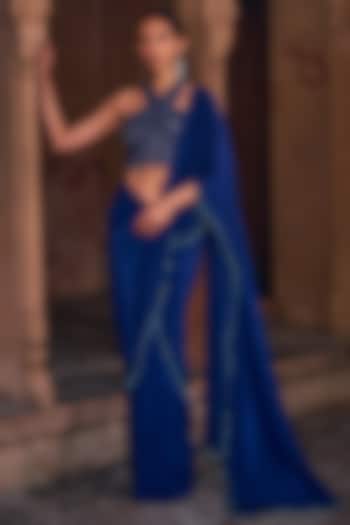 Dark Blue Tulle & Crepe Tassel Embroidered Draped Skirt Saree Set by DiyaRajvvir