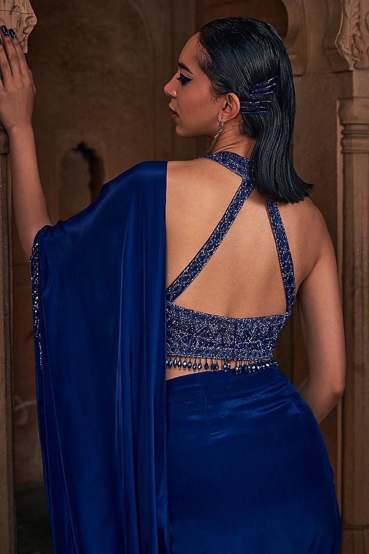 Dark Blue Tulle & Crepe Tassel Embroidered Draped Skirt Wedding Saree Set by DiyaRajvvir at Pernia's Pop Up Shop