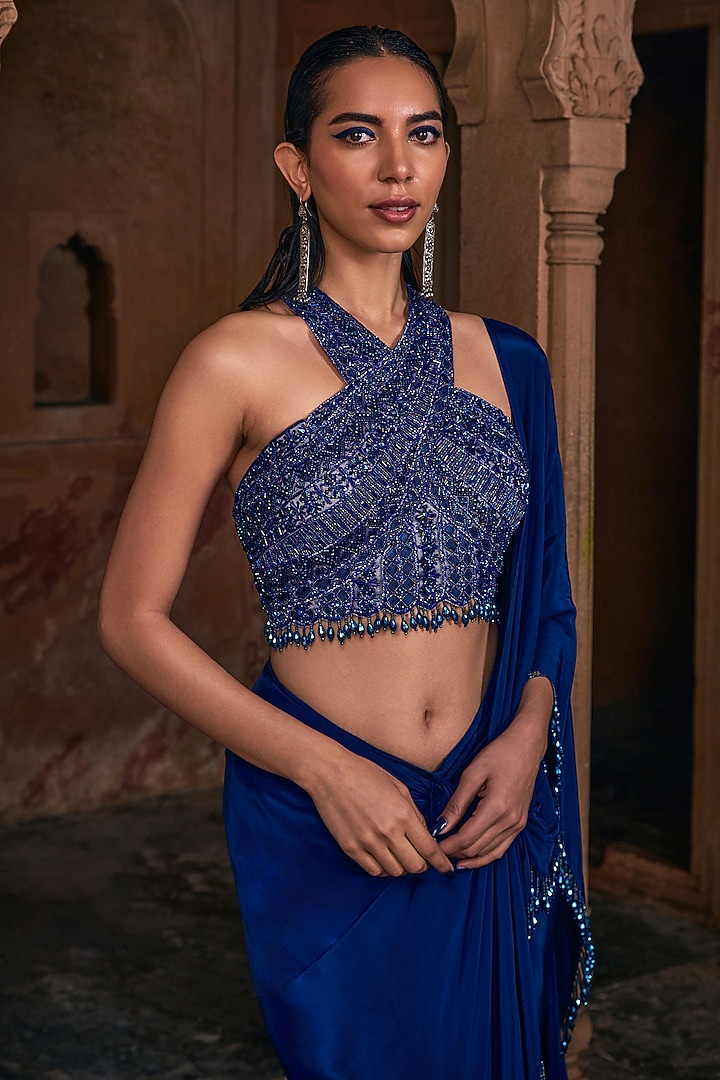 Dark Blue Tulle & Crepe Tassel Embroidered Draped Skirt Wedding Saree Set by DiyaRajvvir at Pernia's Pop Up Shop