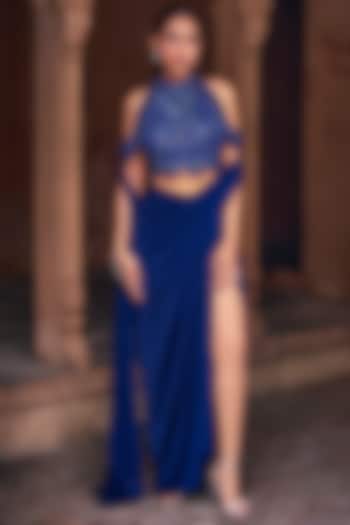 Dark Blue Tulle & Satin Lycra Draped Skirt Saree Set by DiyaRajvvir