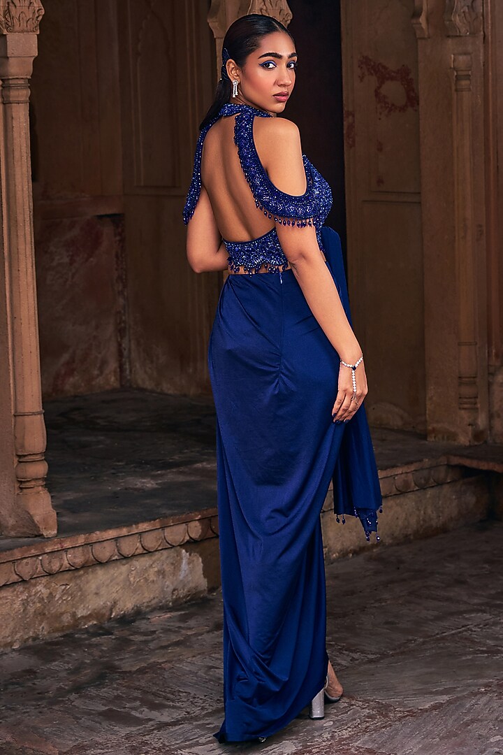 Dark Blue Tulle & Satin Lycra Draped Skirt Wedding Saree Set by DiyaRajvvir at Pernia's Pop Up Shop