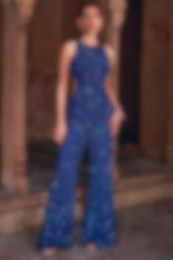 Electric Blue Tulle Embroidered Jumpsuit by DiyaRajvvir