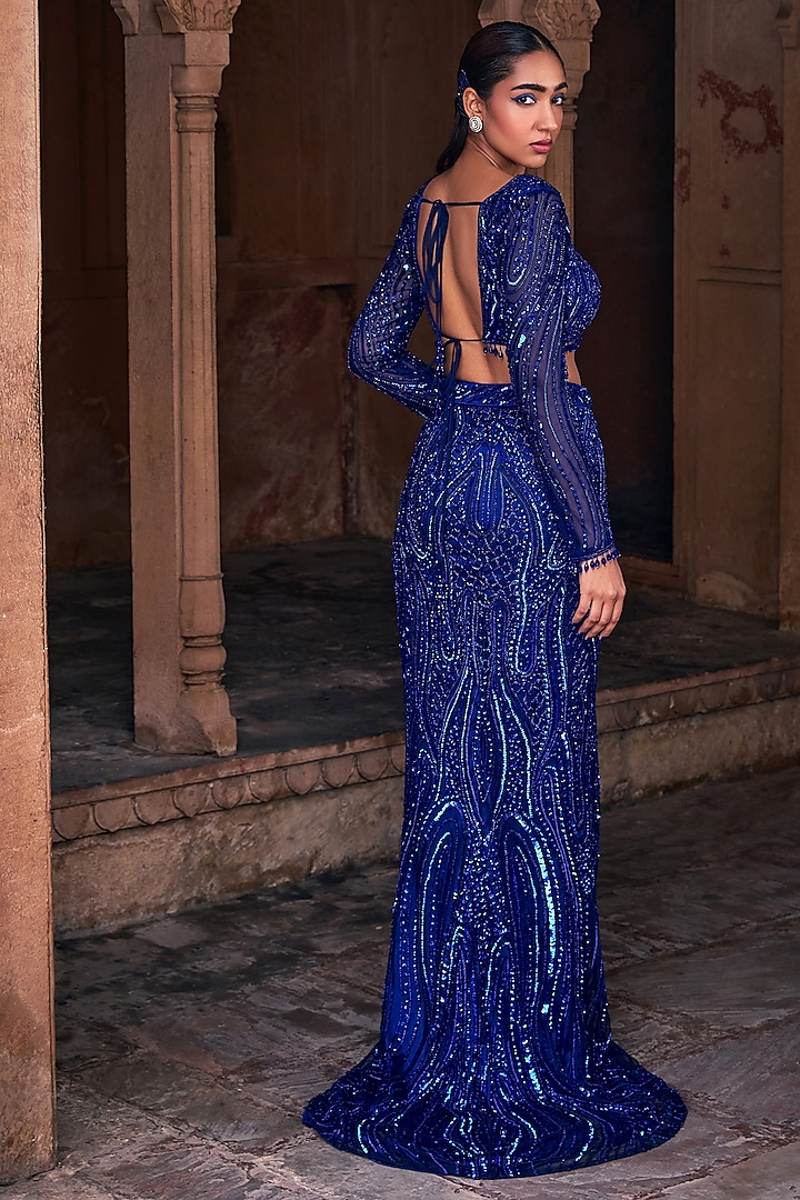 Electric Blue Tulle Embroidered Skirt Set by DiyaRajvvir at Pernia's Pop Up Shop