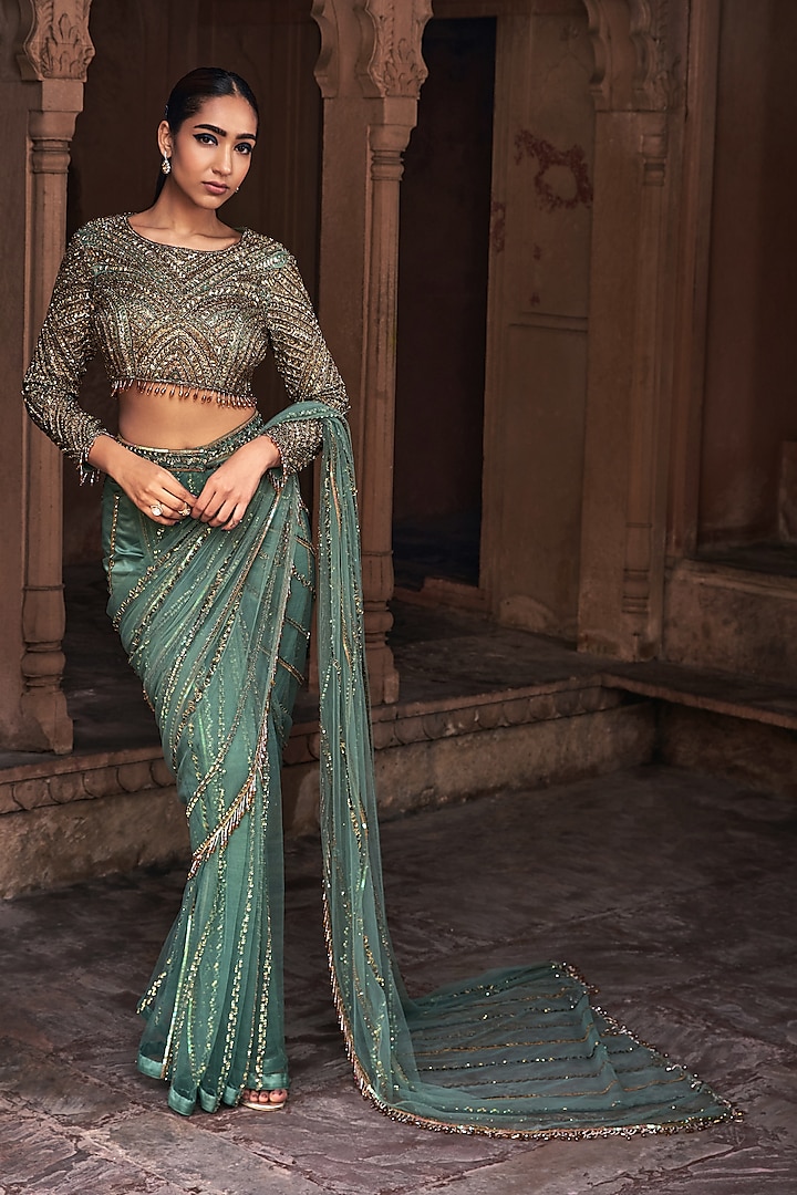 Sage Green Tulle Tassel Embroidered Pre-Stitched Reception Saree Set by DiyaRajvvir at Pernia's Pop Up Shop