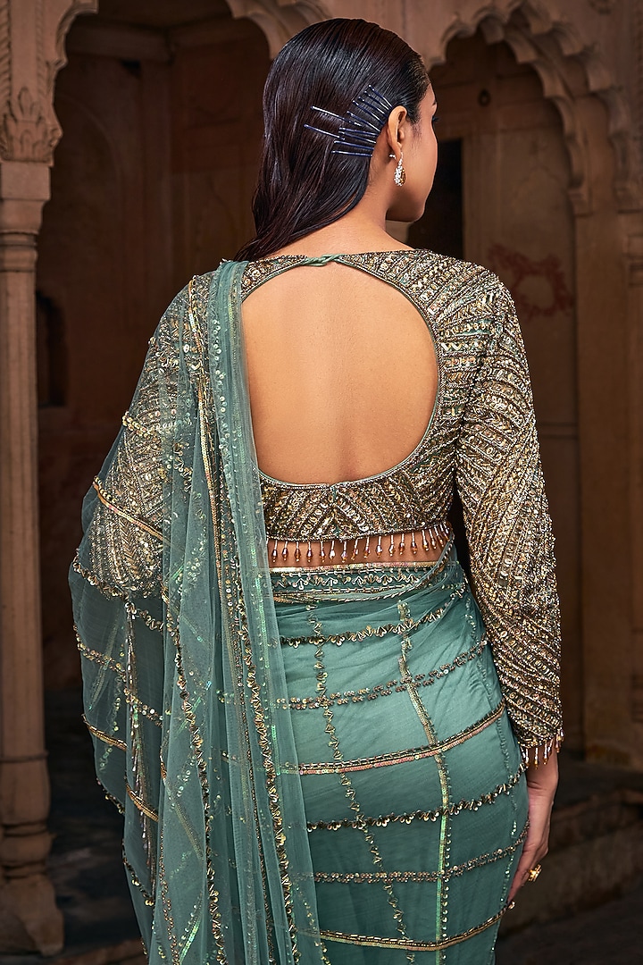 Sage Green Tulle Tassel Embroidered Pre-Stitched Reception Saree Set by DiyaRajvvir at Pernia's Pop Up Shop