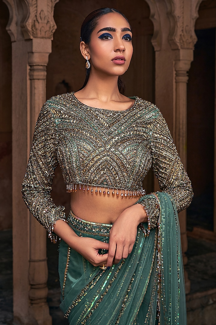 Sage Green Tulle Tassel Embroidered Pre-Stitched Reception Saree Set by DiyaRajvvir at Pernia's Pop Up Shop