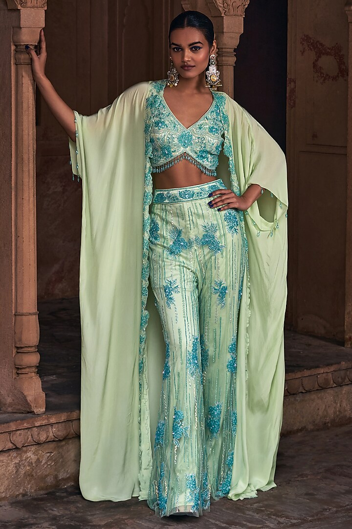 Mint Green Tulle & Crepe Floral Embroidered Cape Set by DiyaRajvvir at Pernia's Pop Up Shop