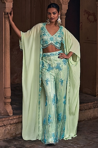 Mint Green Tulle & Crepe Floral Embroidered Cape Set by DiyaRajvvir